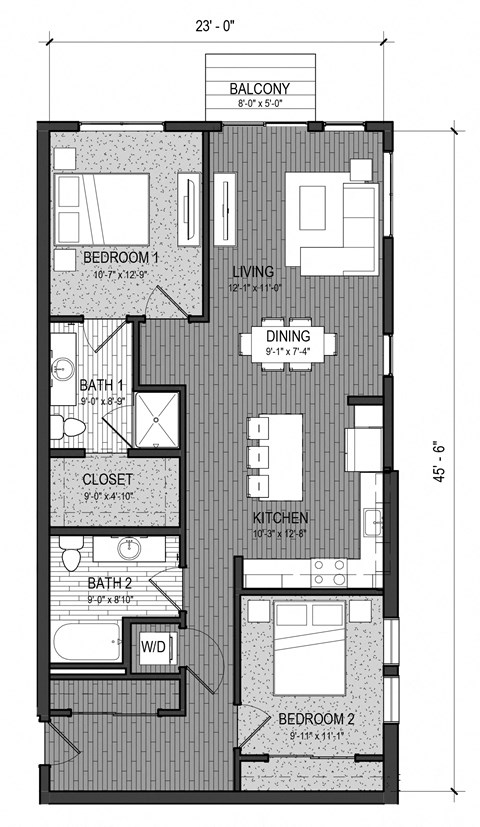 Floor plan for 2 beds, 2 baths, 1099 sqft